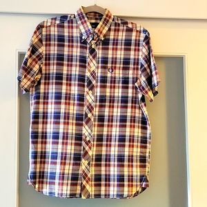 Fred Perry Plaid Button T-Shirt, Men's Small,  Red Blue and White